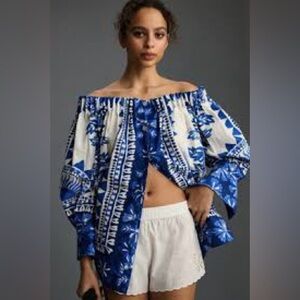 FARM RIO Flora Tapestry Off-Shoulder Blouse Blue White Floral XS Sold Out